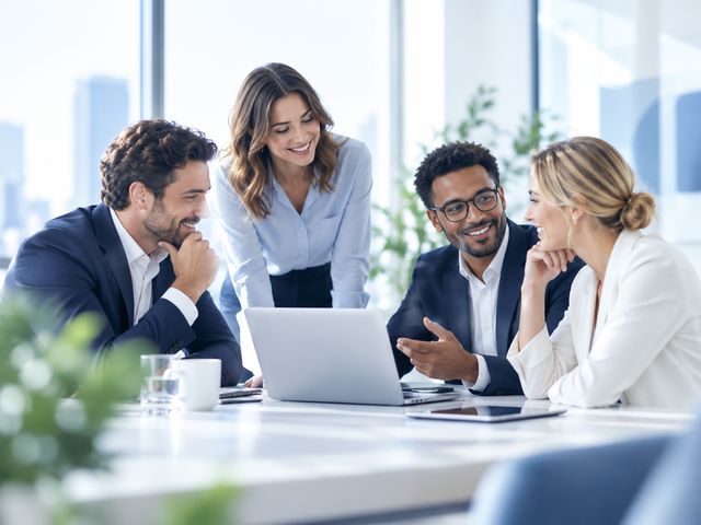 Quatre personnes échangent autour d’un ordinateur portable dans un bureau lumineux.